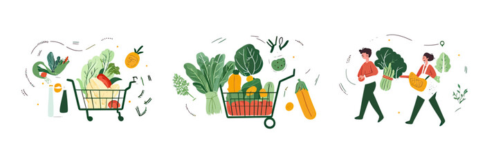 People carrying reusable baskets and grocery trolleys filled with fresh organic vegetables shopping for healthy food concept flat minimalist vector illustration set
