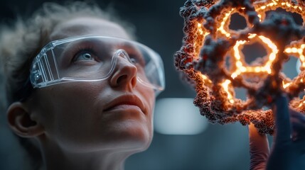 Dedicated scientist in protective goggles intently examines a glowing, complex molecular structure, symbolizing groundbreaking research and discovery in a modern laboratory setting.
