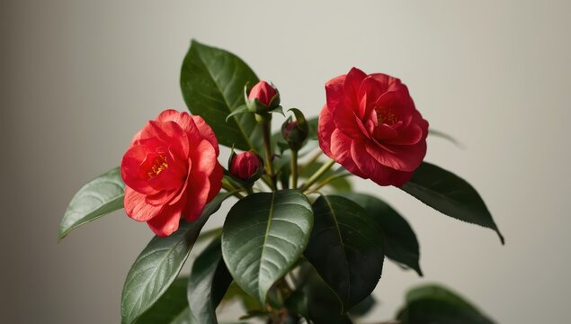Large-flowered red camellia plant (Theaceae) with green foliage and buds