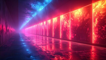 Vibrant Neon Lights in Dark Corridor.