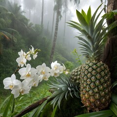 White orchids and pineapples in tropical rain, sharp realism, beautiful background