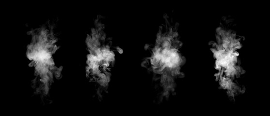 White smoke effect isolated on black background with abstract swirling fog texture. Mist, vapor and cloud element for overlay design, mystery atmosphere, cinematic effect, fire, steam motion concept. © wasan
