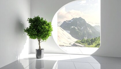 Potted Tree with Mountain View through Window.