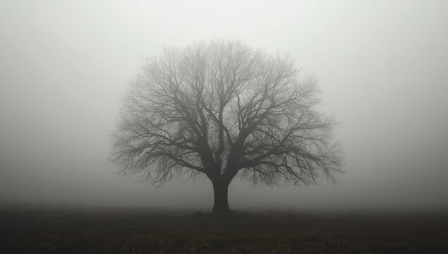 Leafless tree alone in fog - Powered by Adobe