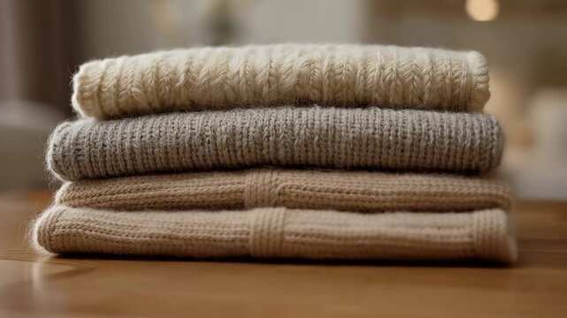 Soft sweaters stacked on a wooden table in a cozy living room on a sunny afternoon