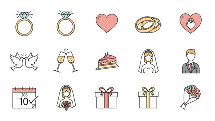 Wedding planning icons set including bride and groom rings gifts cake champagne hearts and doves for marriage and anniversary celebrations with bouquet