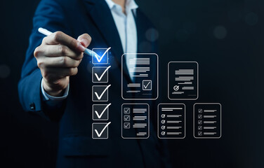 Digital checklist and document approval concept with businessman using stylus to confirm tasks on virtual interface. Business workflow, process management, compliance control, quality assurance.