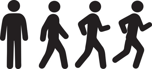 Human movement progression silhouette icons standing to running vector illustration
