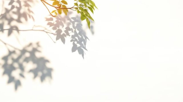 Green leaves and branches casting shadows on a white wall, creating a natural, minimalist background.