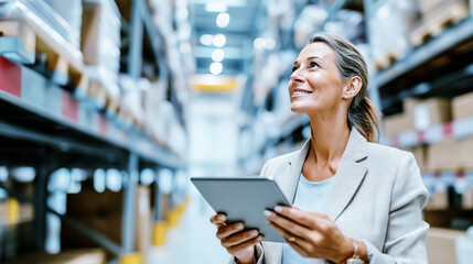 Smiling logistics manager woman with tablet checking warehouse inventory in modern distribution center. Supply chain operations