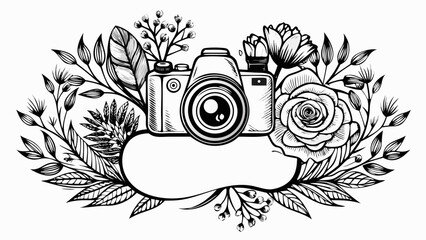 Very beautiful monochrome logo design for a beauty blog, combining a photo camera with delicate botanical floral elements, creating an elegant, feminine, and creative visual identity.