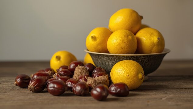 Lemons and glossy chestnuts on the table