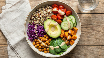 Healthy Quinoa Salad with Fresh Vegetables on Wooden Table