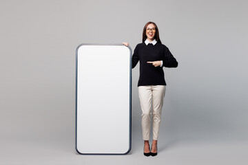 Full body young employee business woman corporate lawyer she wears black sweater shirt work in...