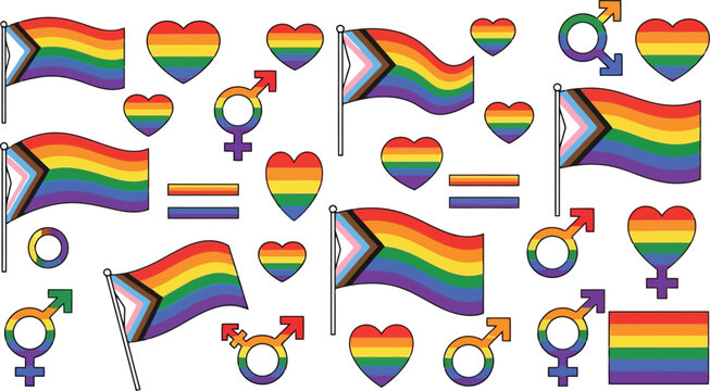 LGBTQ+ Pride Vector Illustrations &ndash; Rainbow Flags, Hearts & Gender Symbols