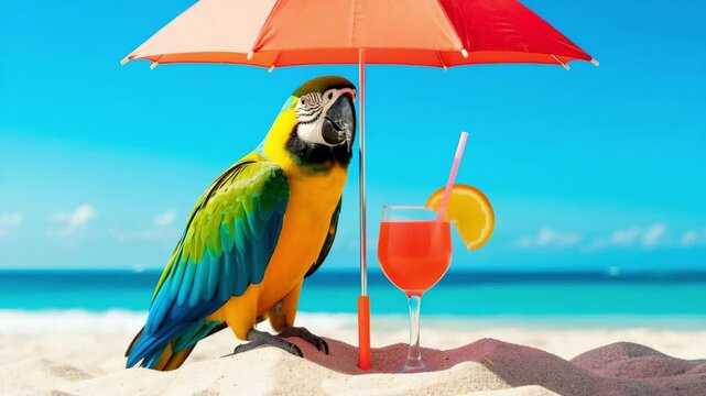 Colorful macaw parrot enjoying a cocktail under an umbrella on the beach