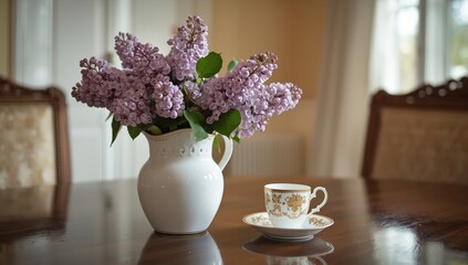 Lilac flowers in a vase and a tea set atop a dining table in a room