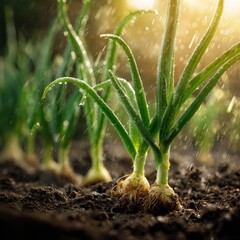 Fresh Spring Onion Growth in Soil with Sunlight and Dewy Leaves