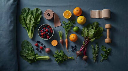 Assortment of Fresh Vegetables, Fruits, and Fitness Accessories on Blue Background