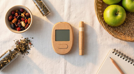 Healthy lifestyle setup with natural snacks, apples, and wooden blood glucose meter on a linen tablecloth