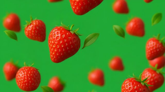 Juicy red strawberries with leaves floating on chromakey green screen for fruity video commercials and overlays