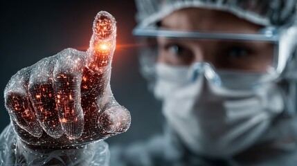 Scientist interacts with glowing digital network, unlocking future technology and innovation with futuristic interface