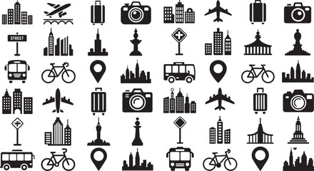 Collection of travel and city icons in black and white for graphic design