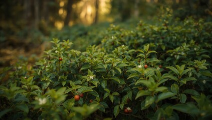 Lingonberry shrubs with green foliage in the woods