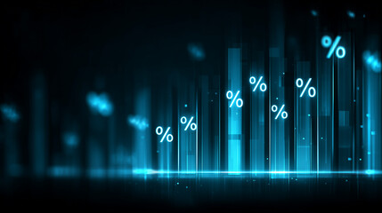 Rising percentage chart with glowing bars showing financial growth interest rate increase and business performance analytics concept