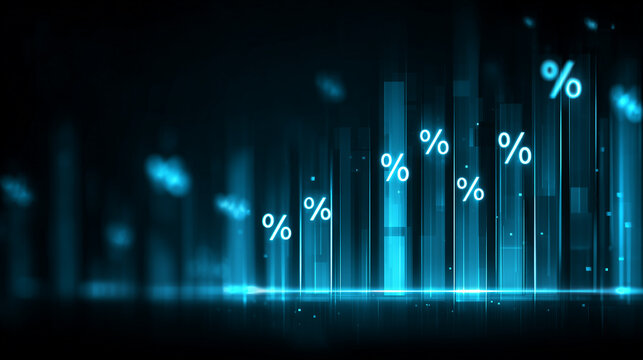 Rising percentage chart with glowing bars showing financial growth interest rate increase and business performance analytics concept - Powered by Adobe