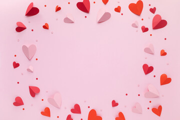 Valentine Day or Mother Day greeting card template from pink and red love hearts blank frame top...