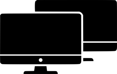 Silhouette of two overlapping computer monitors (dual monitor icon) in flat black
