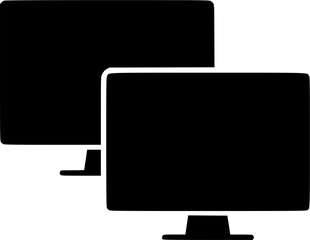 Silhouette of two overlapping computer monitors (dual monitor icon) in flat black
