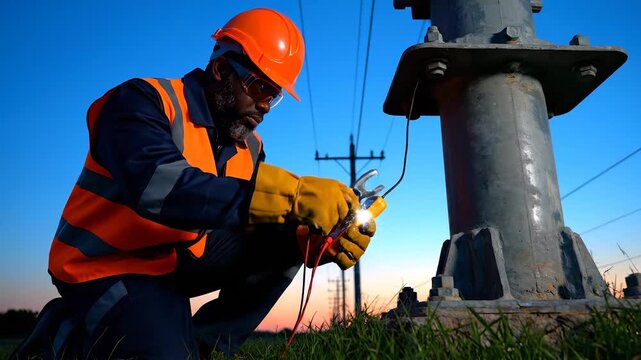 Testing power lines at utility pole. Electrician lineman technician perform inspection and maintenance. Power transmission repair and utility safety shown. Work outdoors at dusk. Protective gear