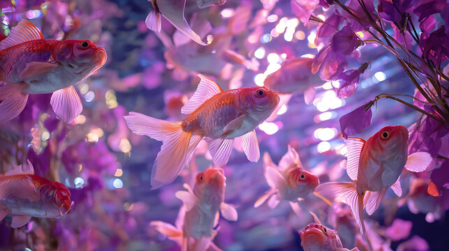 Group of red and white goldfish swimming together in a vibrant underwater aquarium scene with purple flowers