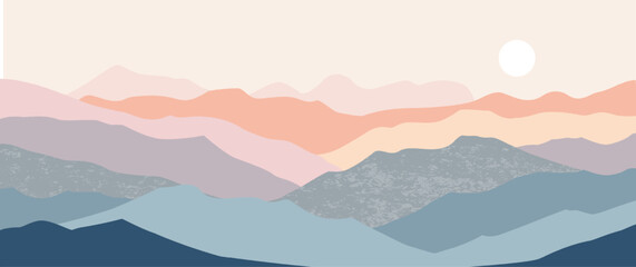 Romantic pastel mountain landscape hand drawn vector with white sun and pink hills for valentine wedding card background nature aesthetic wall art illustration
