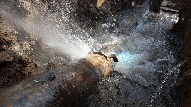 Burst sewer pipe leaking water in excavation during emergency trenchless repair showing pipe, soil, water spray, and repair action.