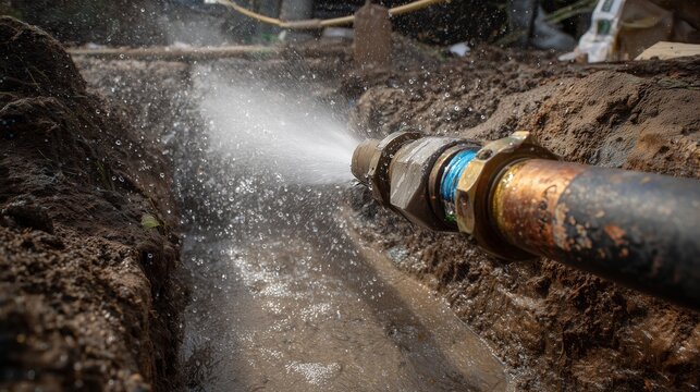 Excavated sewer pipe undergoing high-pressure hydro jetting to clear blockage, water spray, hose, and coupling visible, representing sewer line cleaning and maintenance.