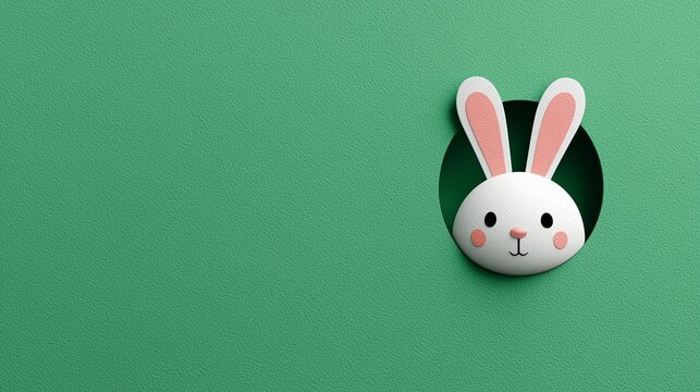 Cute easter bunny peeking out of hole in green background, bunny face, ear, and hole convey surprise, playfulness, and spring celebration.