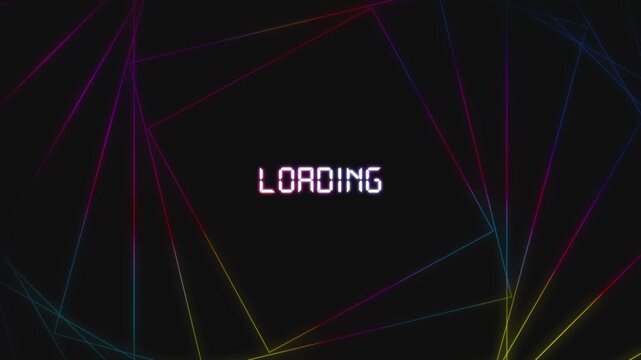 Ad animation. Neon geometric tunnel squares with loading text on dark background. Concept of futuristic loading screen, cyber technology interface, immersive UI design for games and apps.