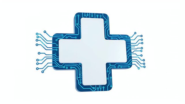 Circuit board cross with glowing blue connections