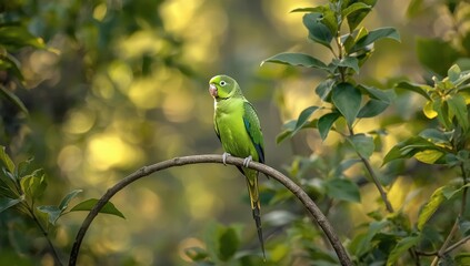 Lively green parakeet resting on a branch in the wild