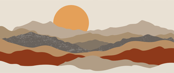 Boho minimalist mountain landscape hand drawn vector with large sun and warm earth tones for valentine card background nature aesthetic wall art illustration