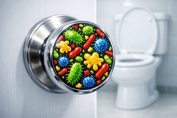 Germs on bathroom door handle, hygiene concept with bacteria and viruses on metal knob near toilet illustrating infection risk and need for cleaning and disinfection