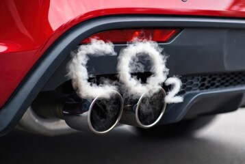 Red exhaust pipes emitting CO2 smoke from dual muffler, vehicle emission and automotive pollution concept