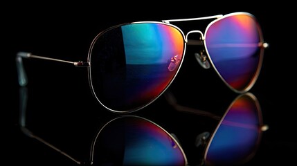Mirrored aviator sunglasses reflecting vibrant colors on black