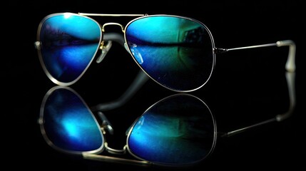 Aviator sunglasses show blue reflections on a glossy black surface