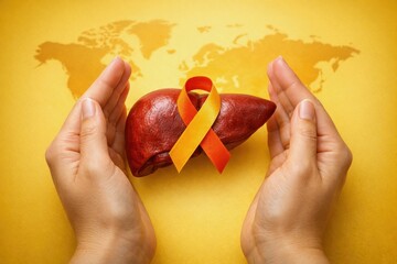 Promoting liver health awareness with a symbolic representation of a liver and supportive ribbons on a background map