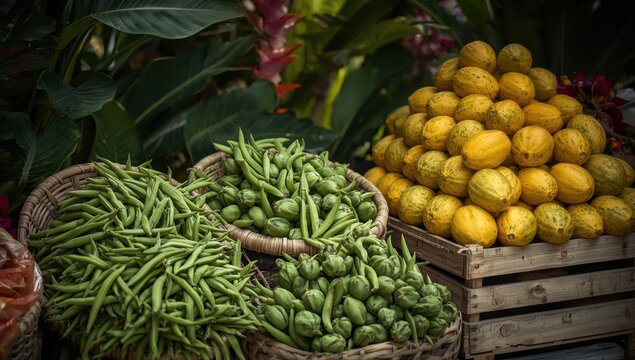 Lively tropical market displaying bright green petai and ripe yellow melons