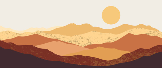 Boho aesthetic mountain landscape hand drawn vector with yellow sun and red hills for valentine card background nature desert wall art illustration print